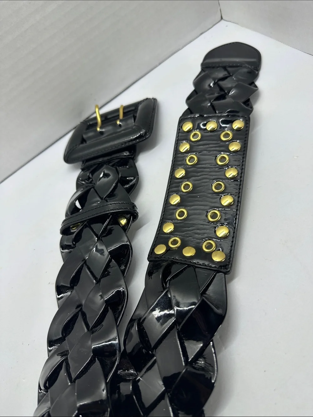 Be & D Black Patent Woven Belt with Gold Hardware Accents vintage